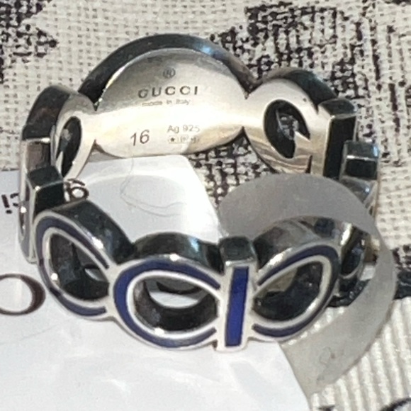 Gucci Interlocking Sterling Silver Blue Enamel 9mm Ring Size 7 - Picture 8 of 10